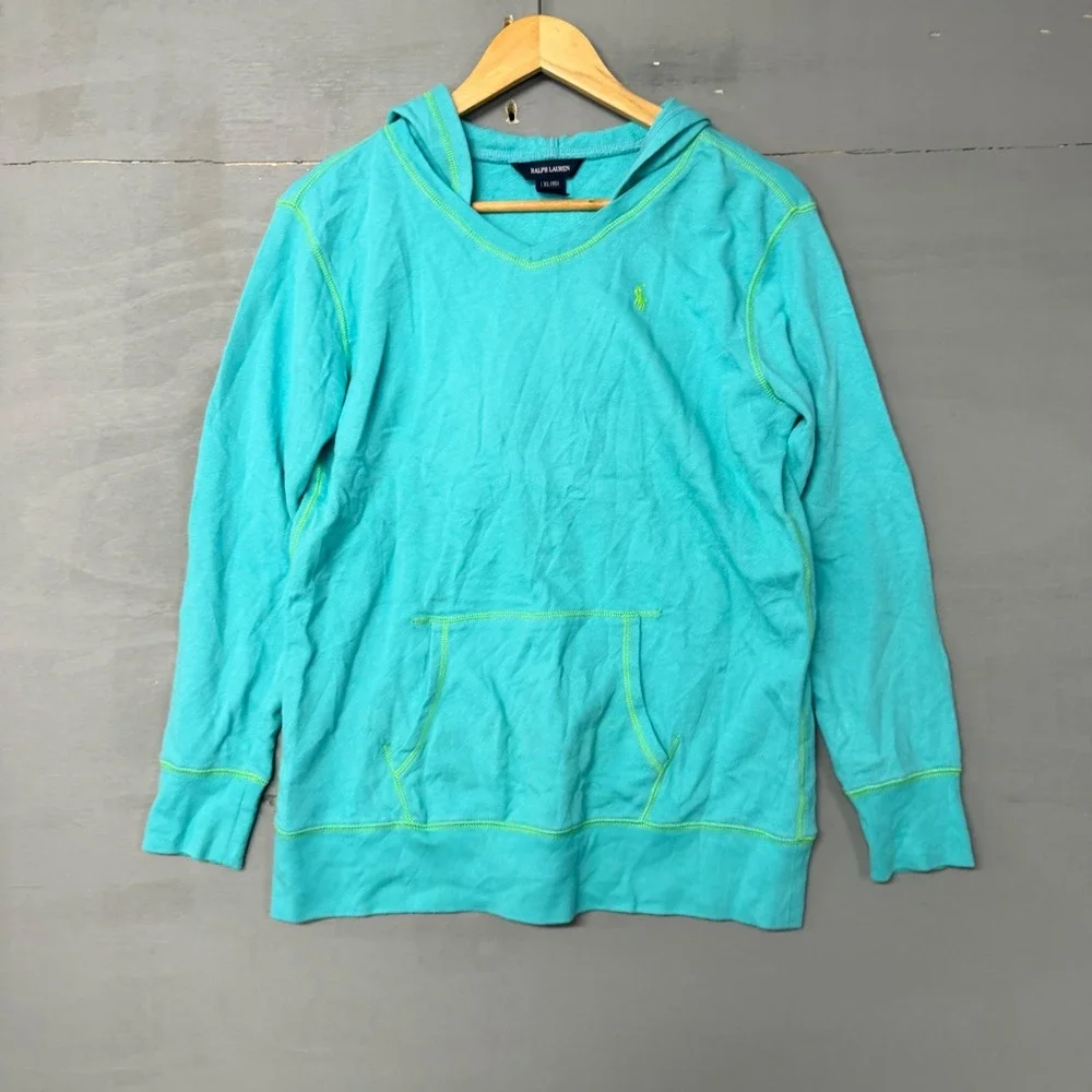 Ralph‎ Lauren Boys XL 16 Turquoise Blue French Terry Hoodie Contrast Stitching